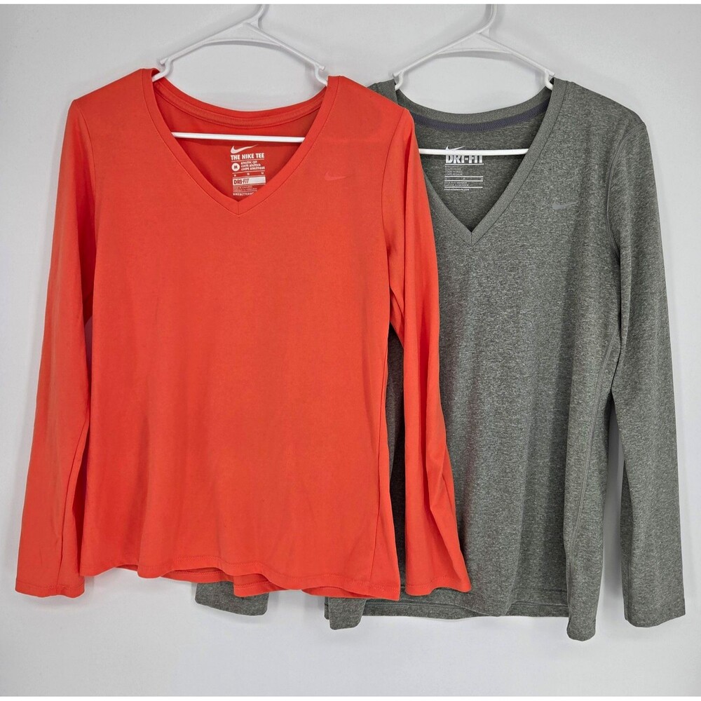 Nike Dri-FIT Womens Lot 2 Long Sleeve V-Neck Athletic T-Shirt Sz M Gray Orange